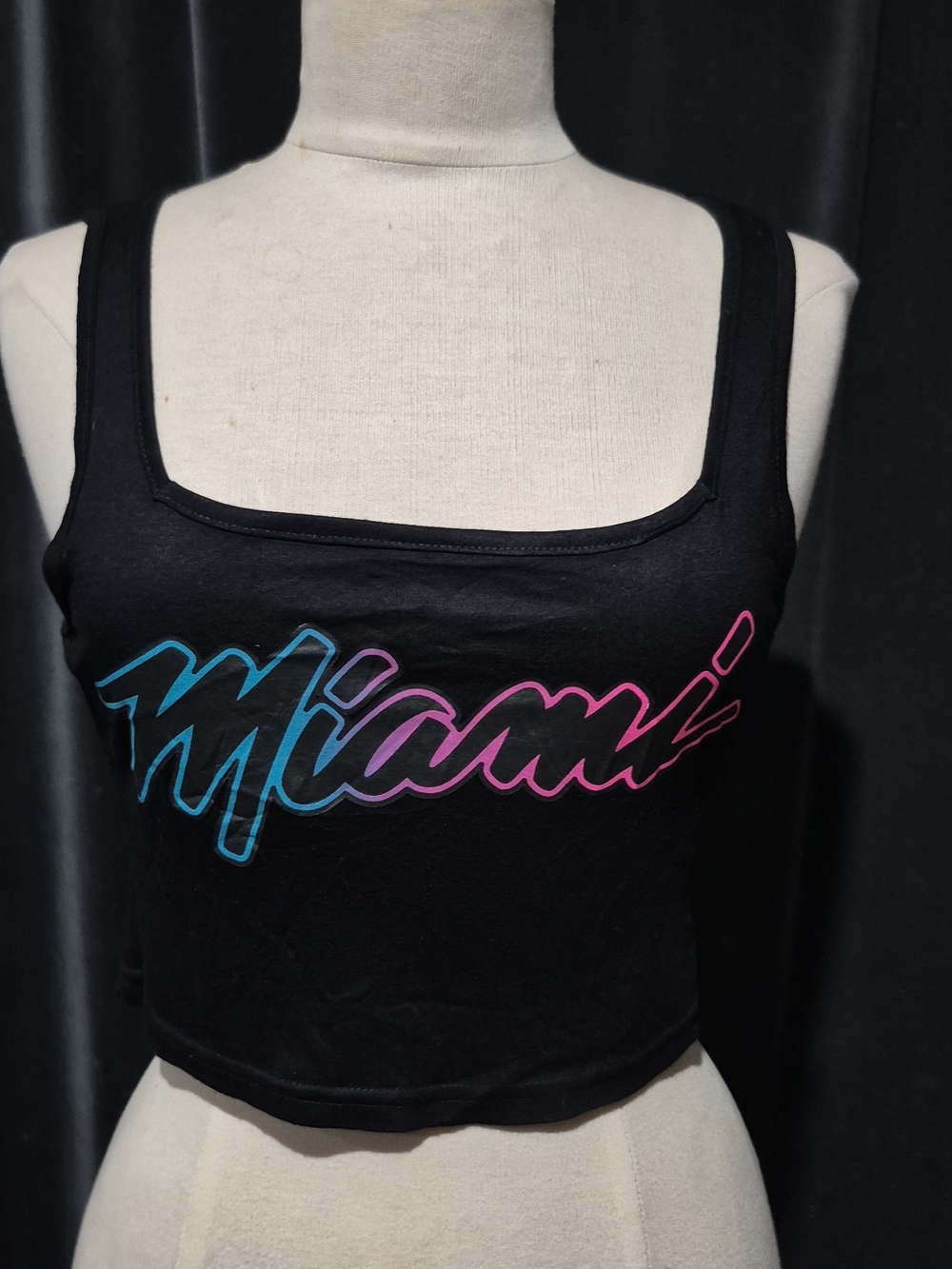 Hot Miami Styles Black Cropped Tank with Blue-to-Pink Miami Script (Box B)